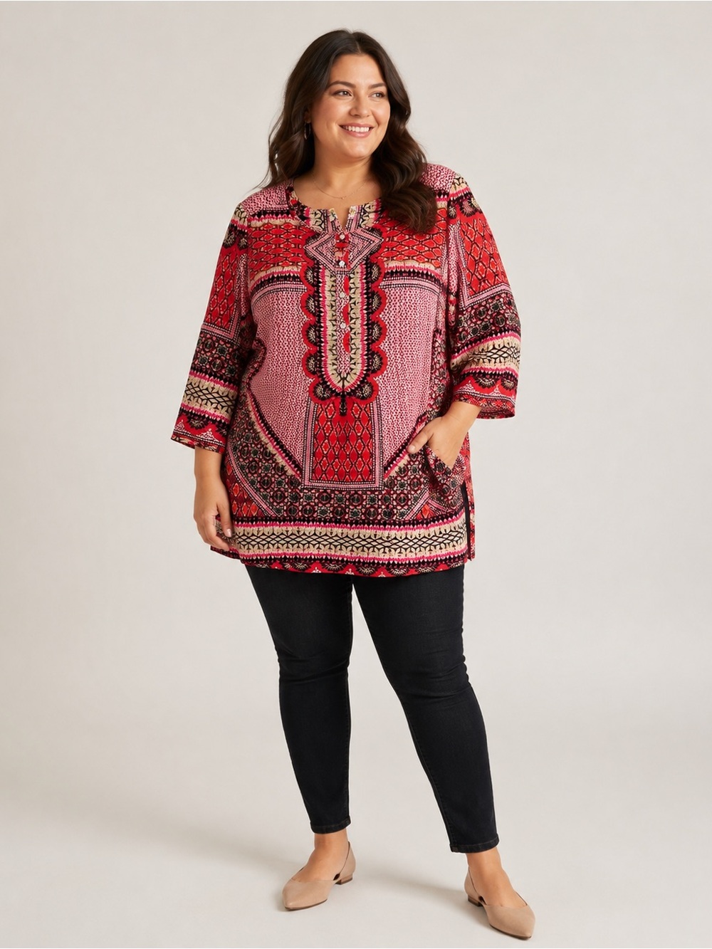 fig and flower Red and Pink Patterned Long Sleeve Tunic Dress